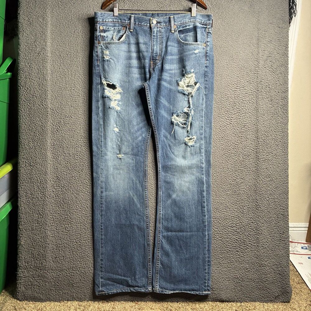 Levis Jeans Mens 36x34 Blue Denim 527 Low Boot Cut Medium Wash Flare Thrashed